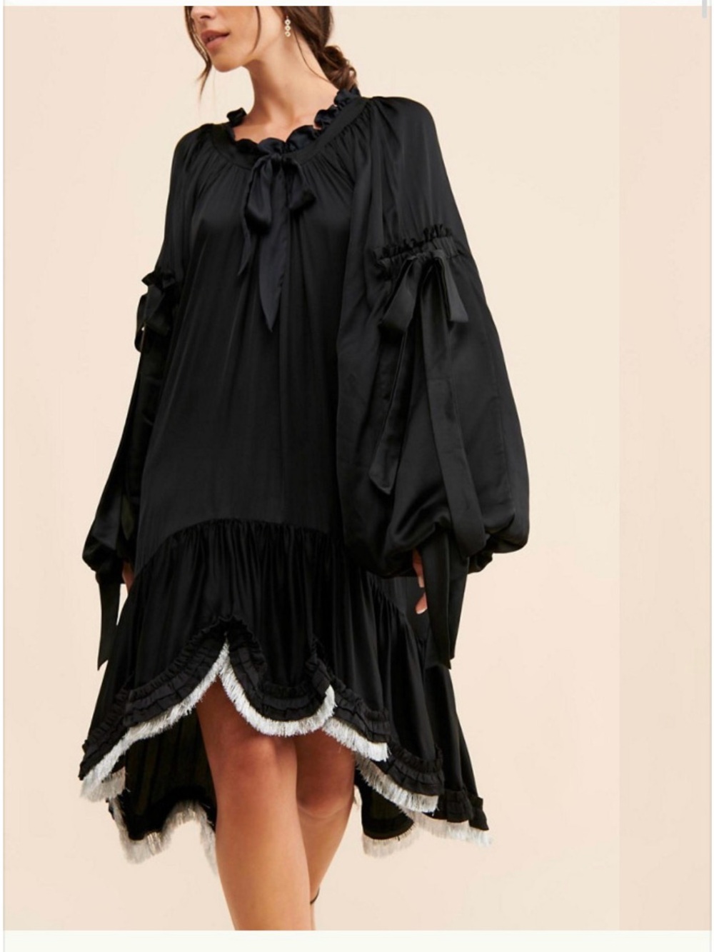 Amira Haroon Black High-Low Ruffle Tie-Neck Dress with Fringe Trim
